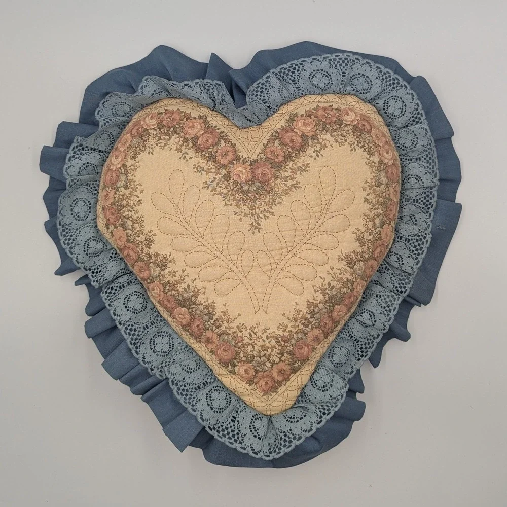 Vintage Cottagecore Heart Throw Pillow Blue Floral Quilted Lace Ruffle 15in 90s